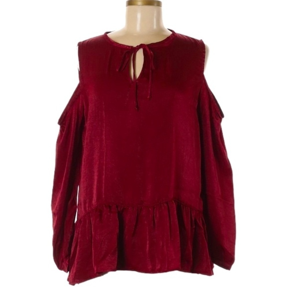 🌺 Harlowe & Graham Satin Red Boho Cold Shoulder Peplum Blouse Size M